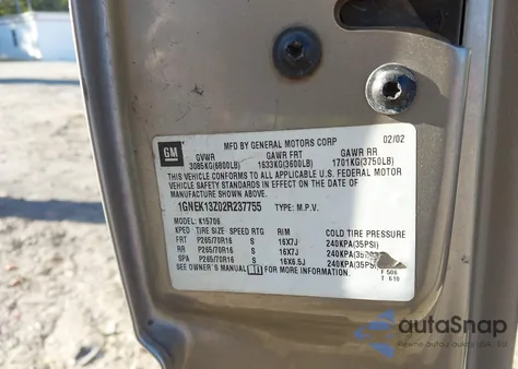 2002 Chevrolet Tahoe Lt from USA, damaged, VIN 1GNEK13Z02R237755